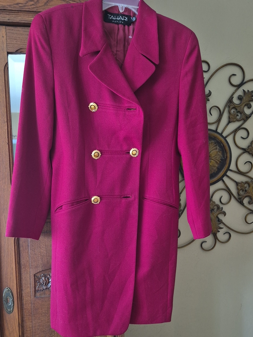 Tahari Petite Fuchsia Double-Breasted Wool Blend Pea Coat with Gold Buttons